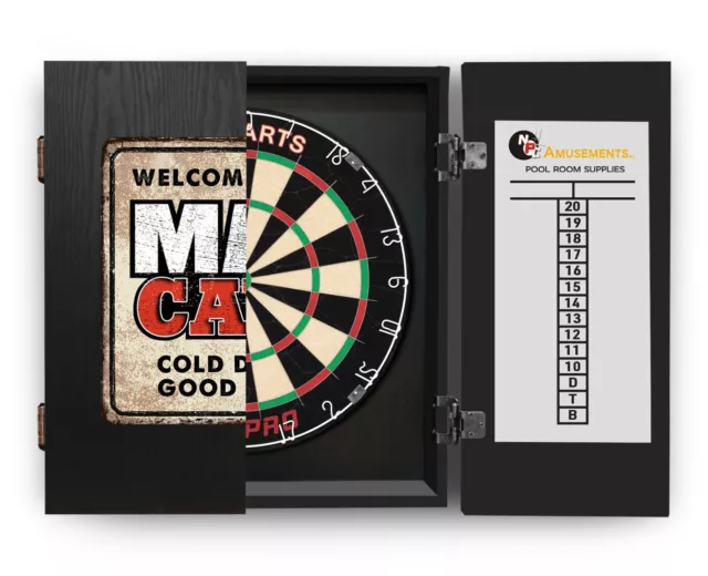 Tex Pro Dart Board + Welcome to the Man Cave Dartboard Cabinet + Darts Bar Gift