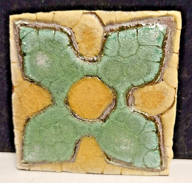 Vintage Grueby Pottery 3" by 3" Geometric Green Glaze on Yellow Glaze Tile