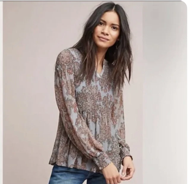 Anthropologie Top Akemi Kin Paisley Smocked Peasant Long Sleeve Boho Size Small