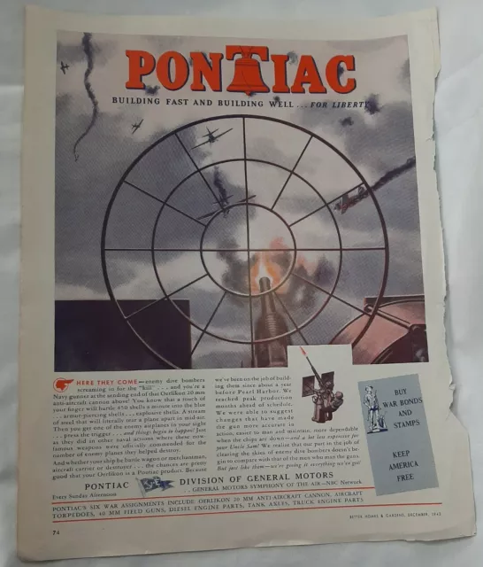 PONTIAC 1943 Vtg original 1940s print art WWII Buy WAR BONDS KEEP AMERICA FREE