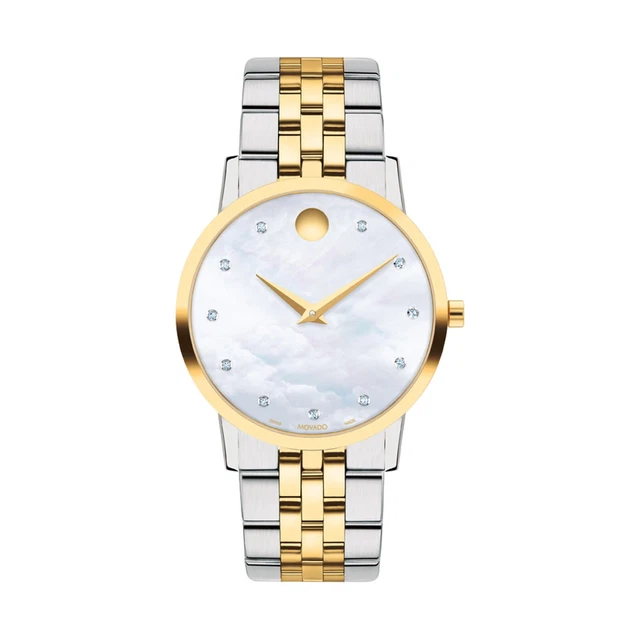 Nuovo Orologio da donna Movado Museum Classico Quadrante Diamante Bicolore Acciaio 0607630