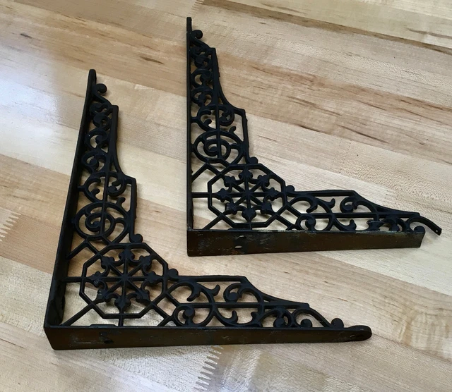 Pair Antique Vintage Ornate 10" x 8" Black Cast Iron Shelf/Wall  Brackets