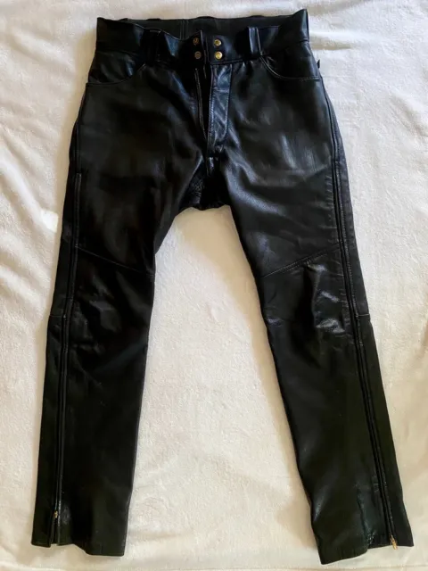 MENS LANGLITZ BLACK LEATHER ZIP UP BOOT 36 x 34 PANTS NUMBERED DATE PROMO STAMP