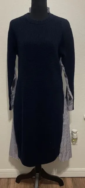 Sacai Women's Pleated Long Sleeve Wool Cotton Shirt Dress Navy Blue Size 4 Rare