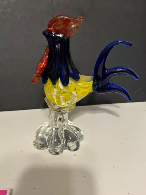 MURANO STYLE HANDBLOWN Rooster In, Blue, Red And Confetti Yellow 7” $25 ...