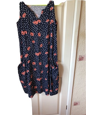 Ladies Navy sleeveless dress size S blue with white spots and orange flowers bpc