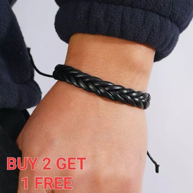 Mens Braided Surfer Wristband Leather Bracelet Bangle Wrap Wristband UK.