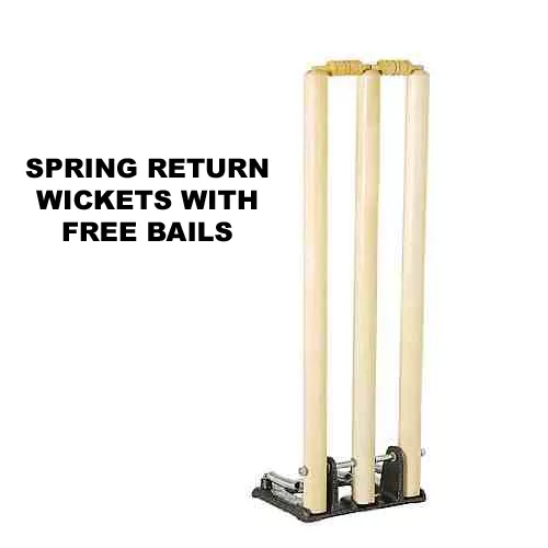 Cricket Wooden Spring Return Stumps With Bails & Metal Base Wickets