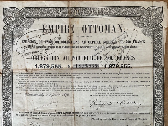Bon au porteur 400 francs empire ottoman 1870