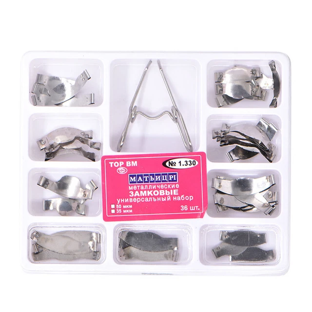 Silla de montar ortopética dental matriz de matrices metálicas contorneadas 36 piezas con clip de resorte TOR VM