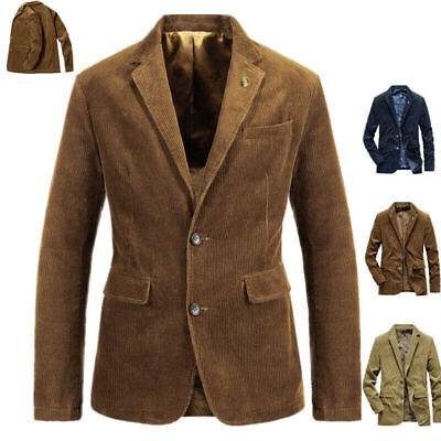 Mens Corduroy Suit Jacket Smart Casual Notch Lapel Cord Blazer Coat Vintage S-XL