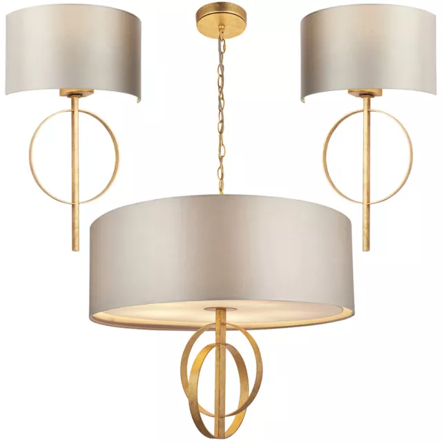 Antique Gold Hoop 5 Bulb Ceiling Pendant & 2x Wall Light Bundle - Mink Shade