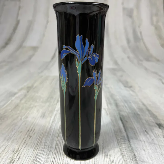 Blue Iris Otagiri Japan - Vintage Flower Vase 6.75” Tall 2” Wide Blue Green Gold