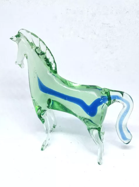 Murano Italy Art Glass Horse Figurine Green With Blue Ribbon