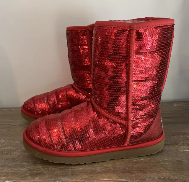 WOMEN'S UGG Australia RED  Sequin Classic Short Sheepskin Boots #3161 ~ Size 7