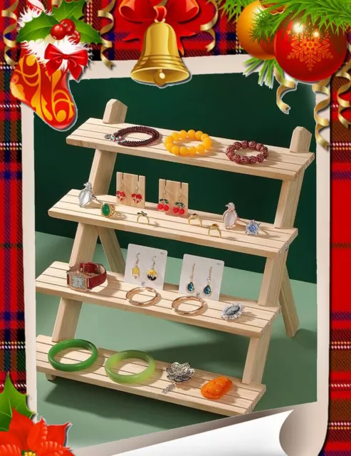 Merry Christmas Jewelry Rings Shelf  Stand Holder 4 Tiers Environmental Wooden