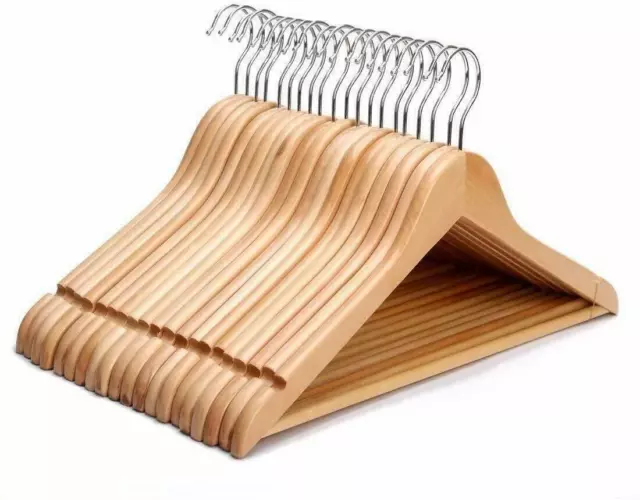 40 x WOODEN COAT HANGERS SUIT GARMENTS CLOTHES WOOD HANGER TROUSER BAR SET