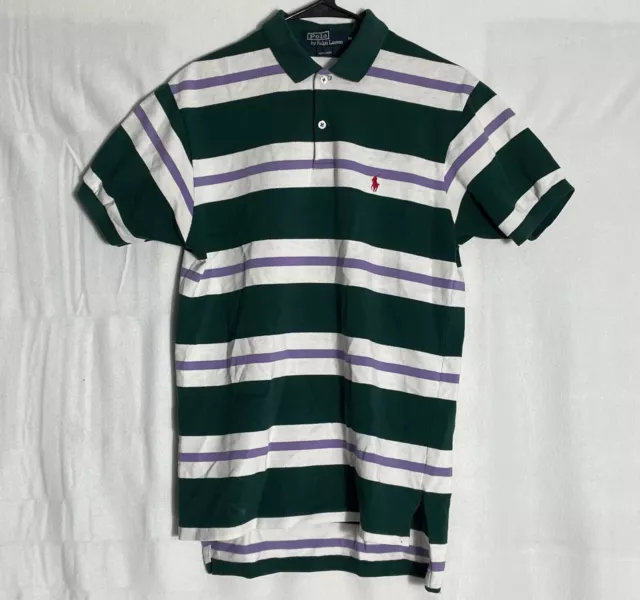 POLO RALPH LAUREN Sz M Green White Striped Cotton Polo Top Short Sleeve ...