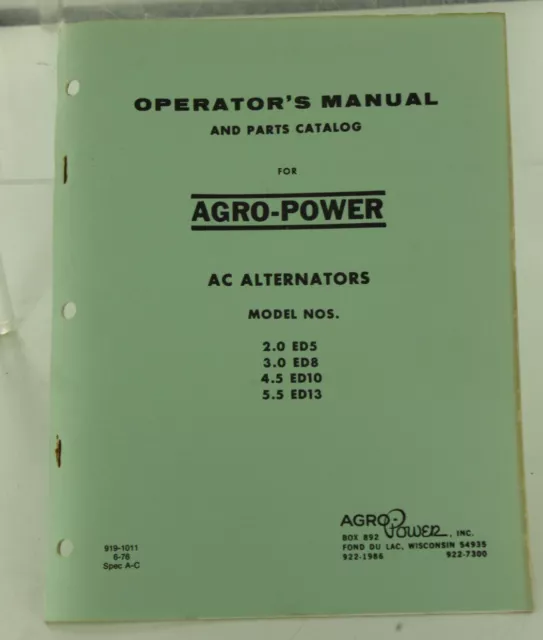 Vintage ARGO-POWER AC Alternator Operators Manual & Parts Catalog