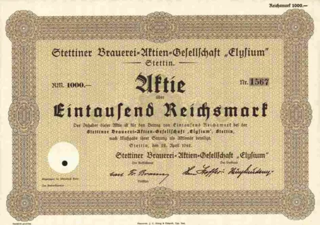 Stettiner Brauerei Elysium 1942 Szczecin Friedland Greifswald 1000 RM Friedeberg