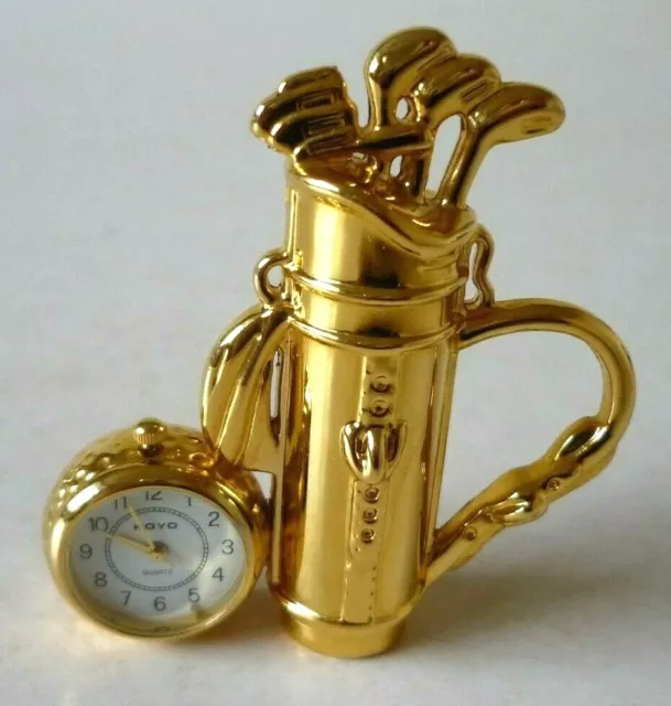 Miniature 7x6.5cm Quartz Treated Polished Brass Golf Bag &Clubs Clock KOYO, Mint