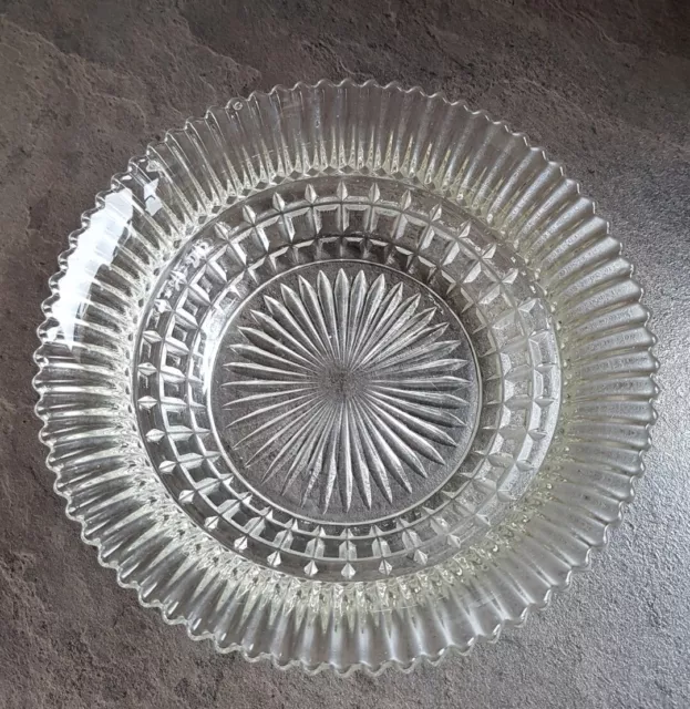 Vintage Pressed Glass Dessert Bowl Serving Dish Fluted Edge Star & Block Pattern