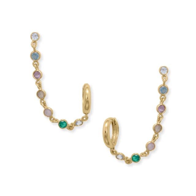 14K Gold Plate Topaz Amethyst Glass Quartz Hoop Post Multicolor Double Earrings