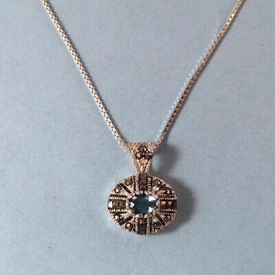 Marcasite Dome Pendant Necklace Blue Stone STERLING SILVER .925 Chain NEW USA