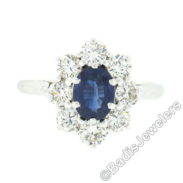 Vintage French 18k White Gold 2.35ct Oval Sapphire Solitaire & Diamond Halo Ring