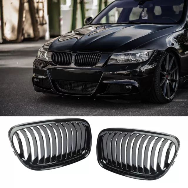 für BMW 3er E90 E91 08-12 Nieren Grill Kühlergrill GLANZ SCHWARZ Einzelsteg