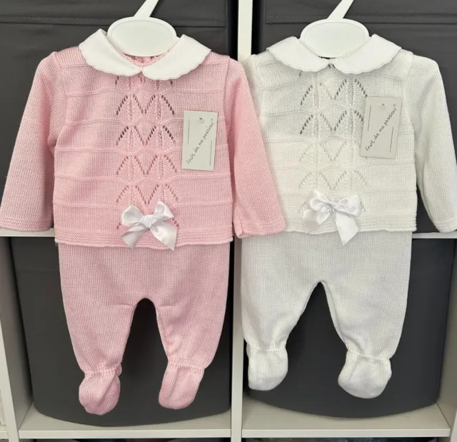 Newborn Girl Knitted Outfit + Bonnet Spanish Pink White Baby Girls Pram Gift Set