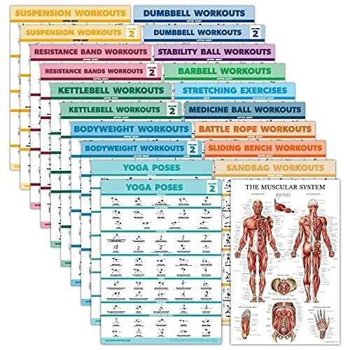 20 Pack - Exercise Poster Set: Dumbbell, Suspension, Battle 18” x 24” LAMINATED