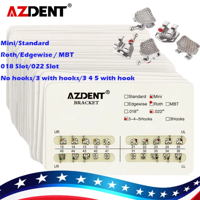 AZDENT 10X Dental Ortho Brackets Mini/Standard MBT/Roth 022/018 Hooks 3 4 5