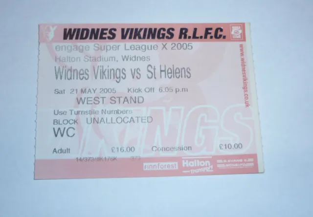 WIDNES VIKINGS v St HELENS 21st MAY 2005 TICKET