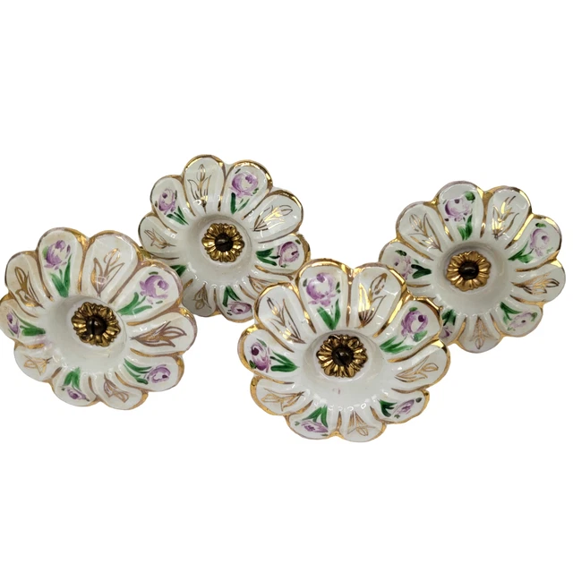 4 Curtain Tie Backs Hand Painted Bisque Porcelain Pink Flowers Gold Trim