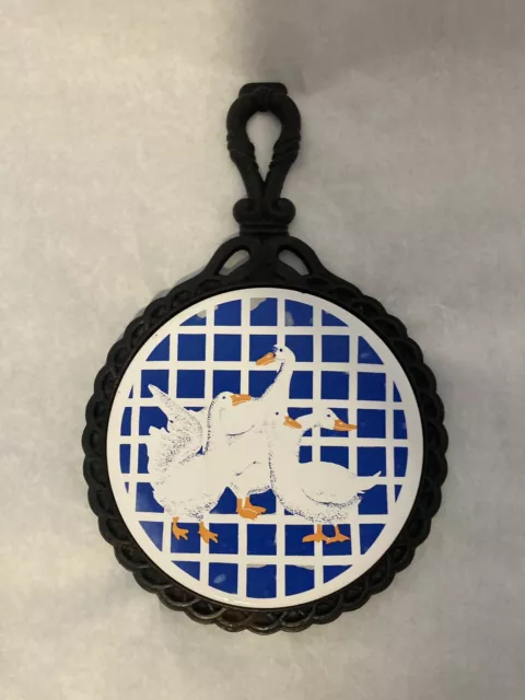 Vintage 1950s Cast Iron Trivet Hot Plate Wall Decor Country Farmhouse Blue Goose