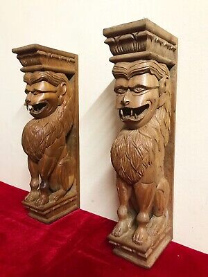Lion Wall Corbel Pair Bracket Statue Mahogany Wooden Sculpture Door Home Decor E