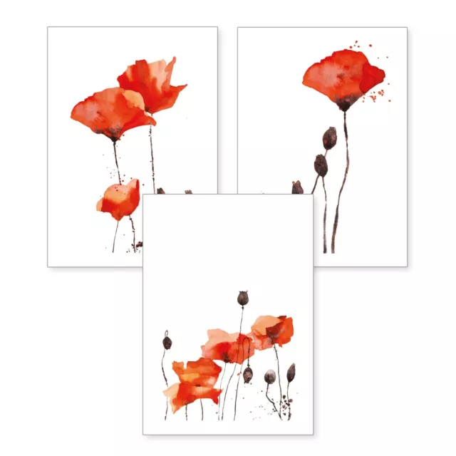 3er Premium Poster-Set | Mohnblume Rot Natur | opt. Rahmen | Wandbilder Deko