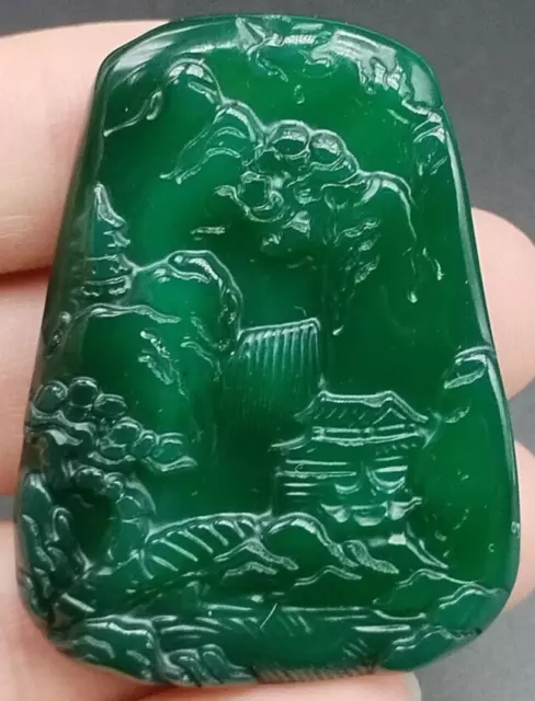 Certified Green Natural A Agate Chalcedony Carved Landscape Painting Pendant