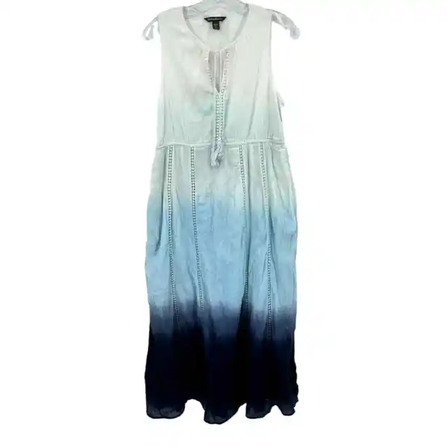 Tommy Bahama Dress Womens Medium Maxi Ombre Blue Tassel Tie Resort Pockets
