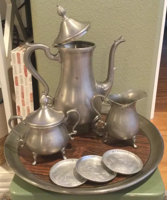 WEB Pewter Coffee Service Set Cream Sugar Serving Tray Carafe # 1136   Coasters