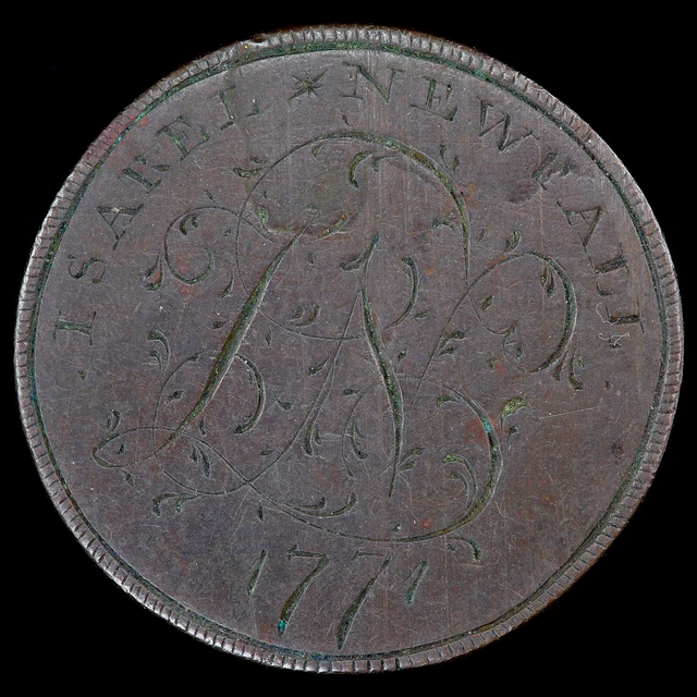 George III. A Love Token Halfpenny. Engraved “Isarel Newfall, 1771”. George III. A Love Token Halfpenny. Engraved “Isarel Newfall, 1771”.