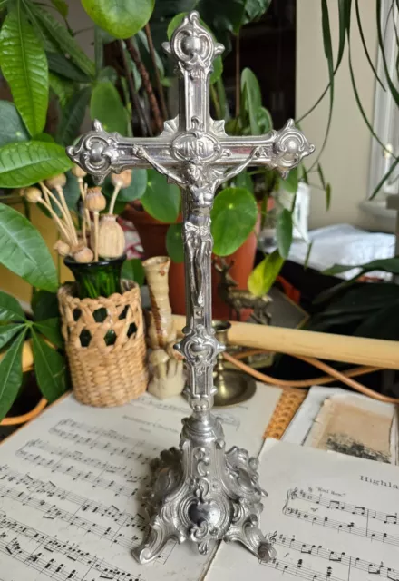 Antique Silver Tone Metal Art Nouveau Altar Standing Cross Crucifix Jesus INRI