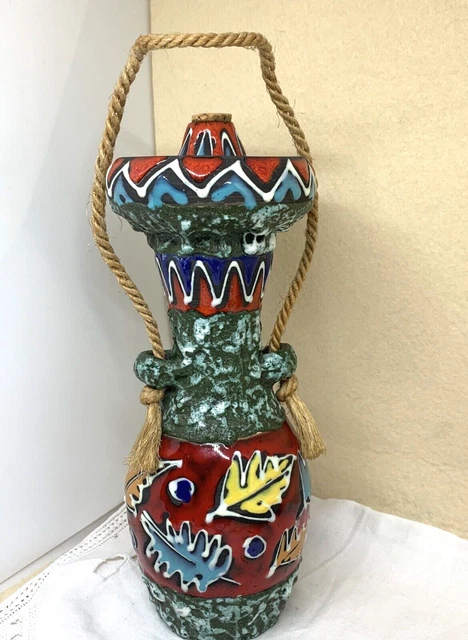 Vaso Fiasco In Ceramica Lavica E Smalto Anni 60 San Marino Con Corda Di Juta