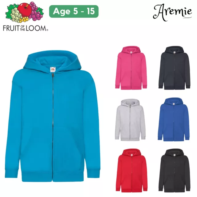 Fruit of The Loom Kids Full Zip Up Hooded Sweatshirt Jacket, Plain Casual Hoodie