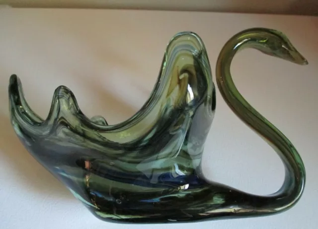 Vtg Mid Century Large Hand Blown Swirl Art Glass Swan Candy Bowl Murano Italy