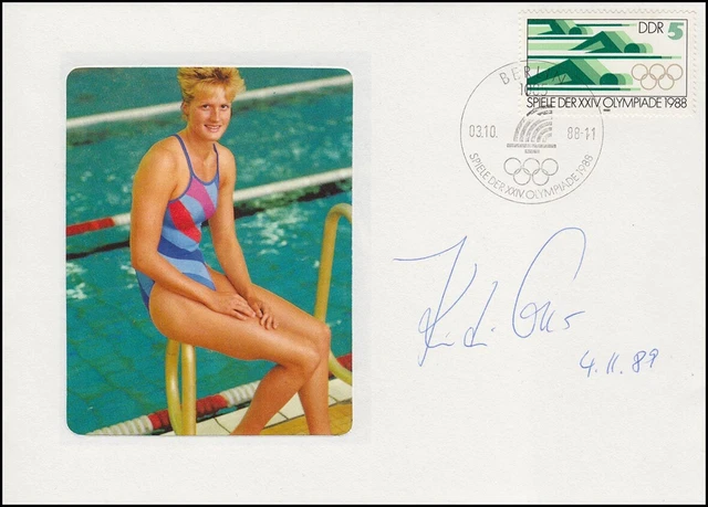 Autogramm Kristin Otto auf passendem Schmuck-Brief SSt Berlin Olympia 3.10.88