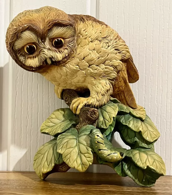 Vintage Bossons Chalkware Owl On Branch Caterpillar Wall Plaque Owlet 1965 7” 2