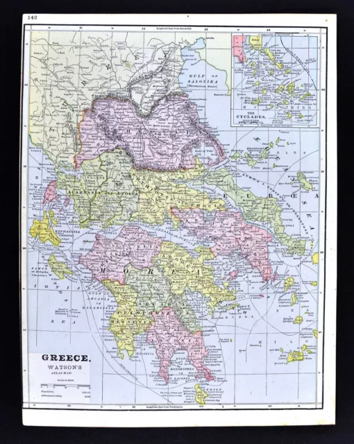 1891 Watson Atlas Map - Greece - Athens Thessaloniki Patras Piraeus Heraklion