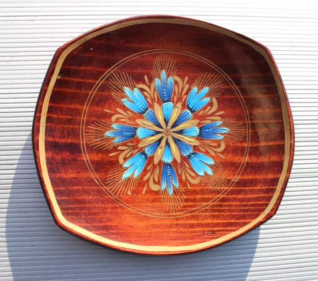 Vintage Wooden Bowl Tray Hand Painted Blue Floral Folk Art Small Trinket